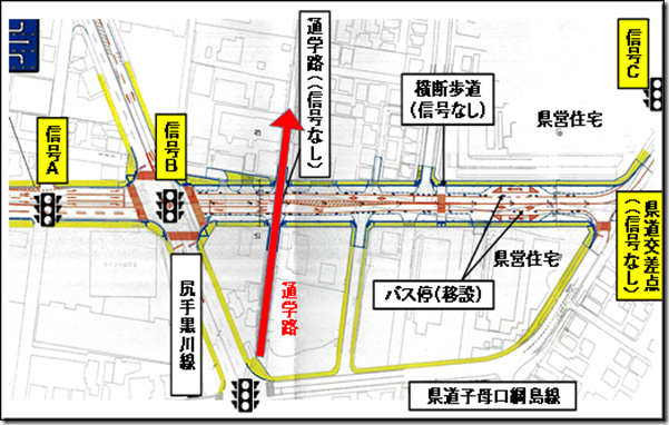 宮内新横浜線     鷹巣橋の信号とバス停の横断歩道がなくなる